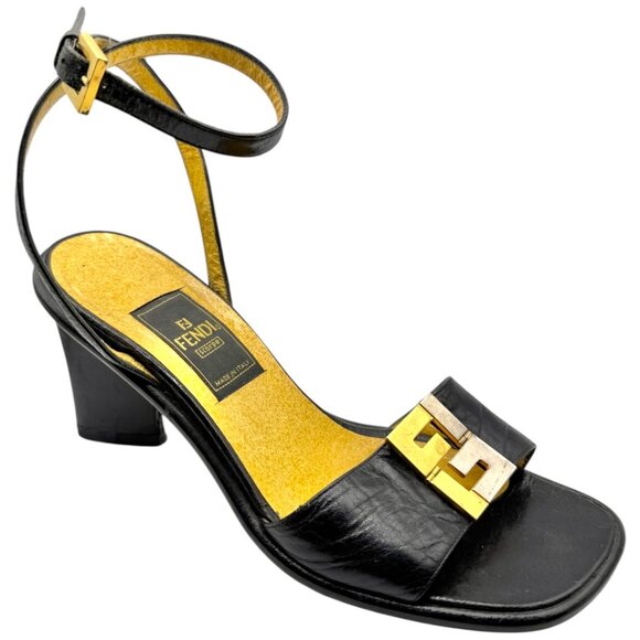 Fendi FF Logo Black Leather Ankle Strap Heels Sandals IT 36 Gold Silver Hardware - Picture 4 of 11